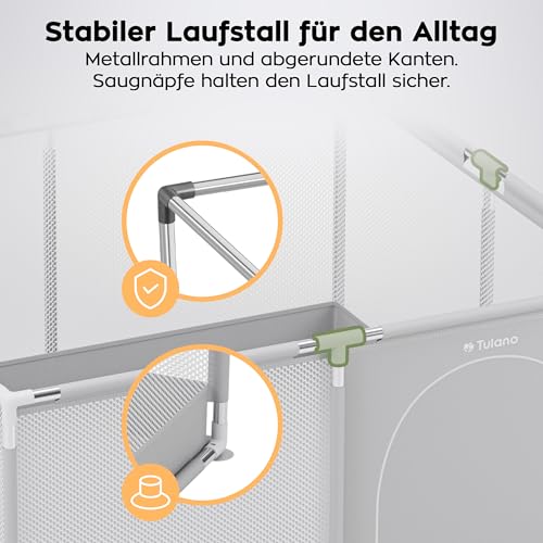 Tulano Cozy 20 Laufstall Baby 130x130 cm mit Boden – Spielgitter für Babys 6 bis 36 Monate – Tragbar Innen Außen – Faltbar – Netzwände – Metallrahmen – Kinderschutz – Reisegitter – Laufgitter – Grau