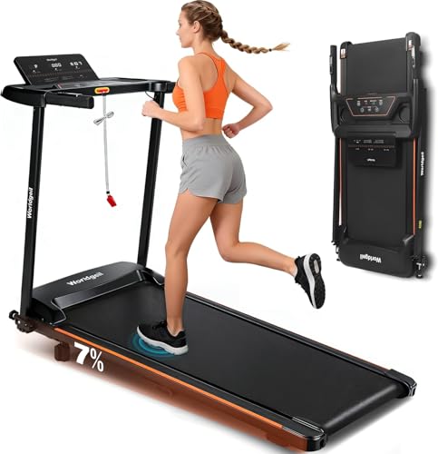 Běžecký pás Worldgeil pro domácnost 14 km/h – Stůl na běžeckém pásu skládací se sklonem – Běžecký pás pro domácnost s LED displejem a tlačítky na zábradlí pro měření srdečního tepu – Chodicí podložka pro kancelář