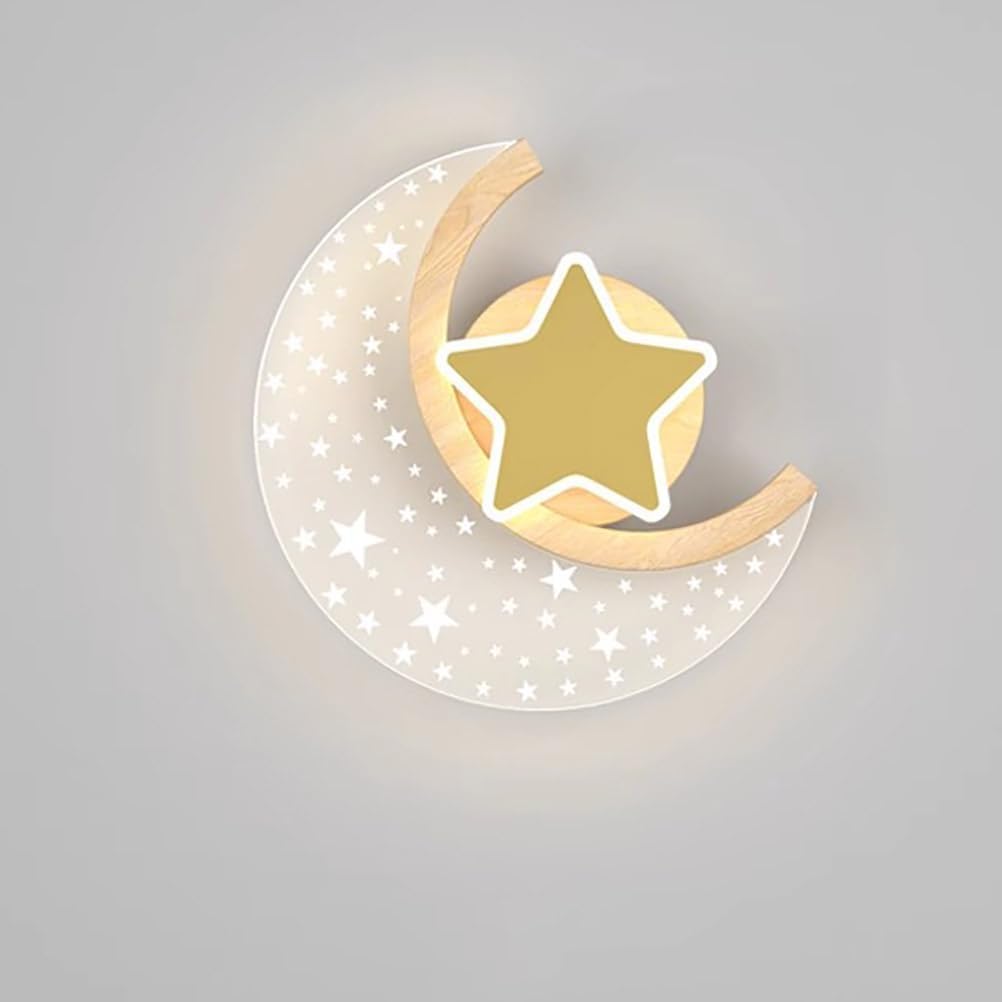 Kinkiet Dziecięcy Księżyc, Kinkiet Led Do Wnętrz Wygląd Drewna, 12w Nowoczesna Lampka Nocna W Gwiazdy I Księżyc, 3 Temperatury Barwowe Lampka Dziecięca Do Pokoju Chłopca I Dziewczynki