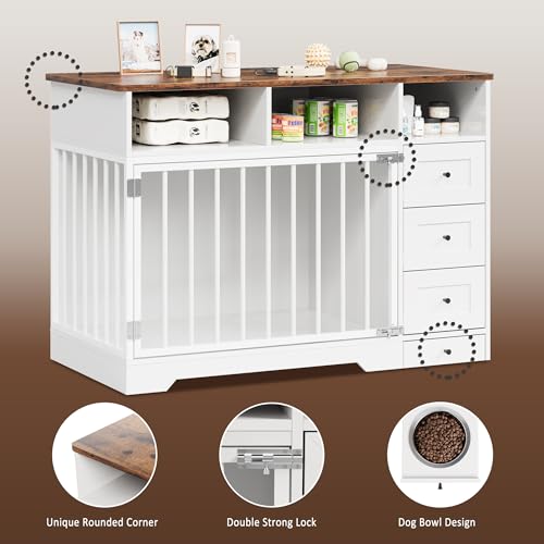 48'' Dog Crate Furniture, Farmhouse Dog Kennel Furniture with Dog Bowl & Storage Drawers, Heavy Duty Dog Cage End Table for Medium Small Dogs, White