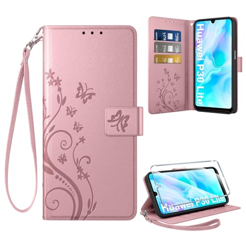 Coiwxmoi Coque pour Huawei P30 Lite + 1 Verre Trempé, Retro Design Housse Premium en Cuir PU Pochette de Portefeuille pour Porte Cartes Fonction Stand Flip...