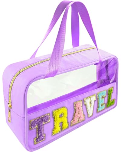 Bunliuys Chenille Letter Clear Makeup Bag Travel Patch, Travel Toiletry Makeup Bag with Handle, Nylon Waterproof Makeup Bags clear cosmetic bag, preppy patch makeup bag for Women (TRAVEL-Violet)