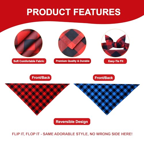 WoffBow Buffalo Plaid Dog Bandanas for Medium Dogs 14-18 Inch Neck, 2 Pack Reversible Red Black & Blue Black Scarf Bibs, Farmhouse Pet Accessories