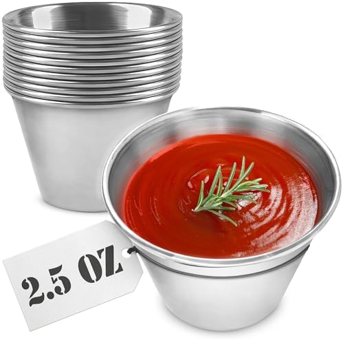 12 Pcs Dipping Sauce Cups – 2.5 Oz Dip Cups with Stackable Design & 2.3″ Diameter, Precision Capacity for Portion Control – Durable Stainless Steel Build, Suited for Hot & Cold Sauces