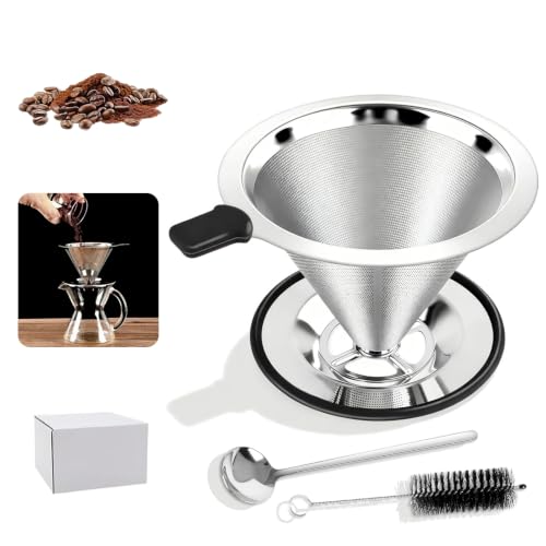 Filtre a Cafe Acier Inox, avec Brosse de Nettoyage et Cuillère, Filtre permanent avec socle, Filtres à Café Réutilisable, 600 Maille Filtres Cafe sans Papier, pour Préparation Manuelle du Café