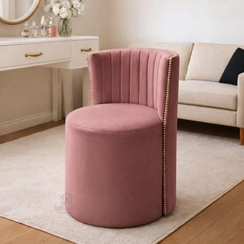 Image of Luxury Velvet Ottoman Chair Pouffe Stool-Modern Round Soft-Padded Chair for Dining Room, Living Room /Cafeteria Seating /Bedroom and Dressing Area /Ottoman with Backrest (Pink)