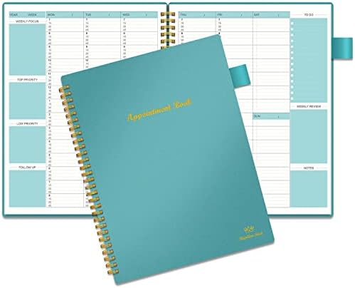 Regolden-Book Appointment Planner Book Undated Hourly Schedule Planner with 15-Minute Increments Appointment Notebook Weekly/Daily Templates Flexible Cover Spiral Binding Inner Pocket 53 Weeks 7.8x10"