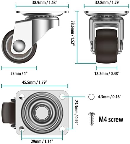 Castor Wheels 25mm Castors for Furniture with Safety Brake Caster Wheels Set of 4 Total Capacity 40KG (2 with Brakes and 2 without)