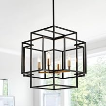 WJShome 4-Light Black and Gold Chandelier, Farmhouse Lantern Pendant Light, Industrial Ceiling Foyer Lighting Fixtures, Modern Chandeliers for Dining Room, for Kitchen Island Entryway Staircase