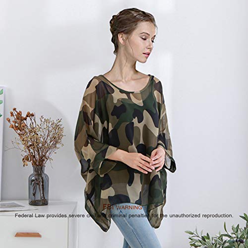 Women's Loose Batwing Blouse Chiffon Top Camouflage Printed Kimono Poncho Tunic Kaftan Cover Up #TOP3