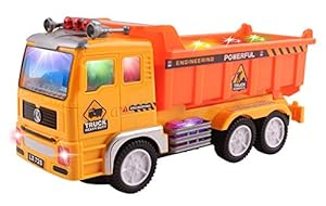 mQfit Electric Dump Model Truck Construction Toy for Kids with Flashing Lights and Sounds, Rotating Bump and Go Action, Great Gift for Children
