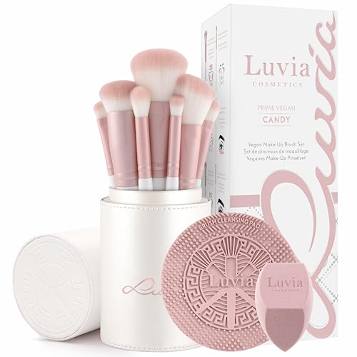 Make-up Pinselset 10-teilig | 7 vegane Schminkpinsel + veganes Leder-Etui, Reinigungsmatte & Blender-Schwamm | Prime Vegan Complete | Für Foundation, Puder & Augen | Candy Rosa/Perlmutt | LUVIA