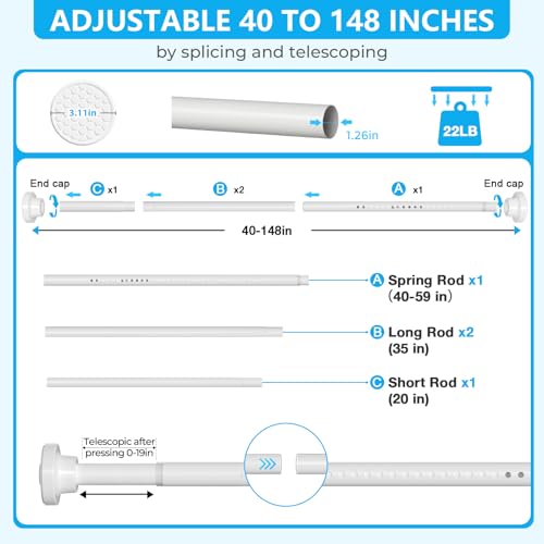 Image of MEXAU White Shower Curtain Rod 40-148 Inch | Adjustable 1.26 Inch Diameter Tension Curtain Rod No Drill,Tension Rod for Window,Bathroom,Outdoor,Room Divider