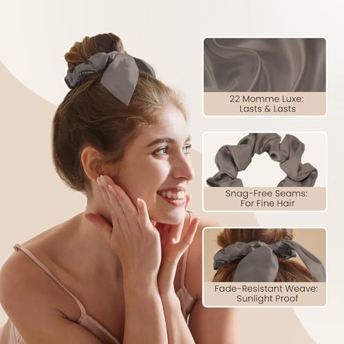 Image of THXSILK 100% Mulberry Silk Bow Scrunchies 3-Pack, 22 Momme Mulberry Silk Hair Ties for Women, Cute Bunny Ear No Damage Ponytail Holders, Fashion Hair Accessories for Girls(M, Dark Grey)