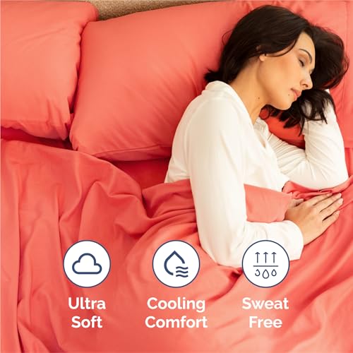 Image of Split King 7 Piece Bed Sheet Set - Comfy, Breathable & Cooling - Coral | Ultra-Soft Hotel Luxury Bedding Set w / 8-16 Inch Deep Pockets, 1 Flat & 2 Fitted Sheet & 4 Pillowcases, Wrinkle & Fade Free