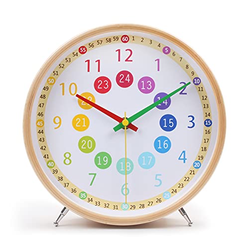 知育時計 置き時計 子供 木製 掛け時計 時間学習 静音 壁掛け時計 子供用 生徒用 ウッド フレーム 非電波 クロック VIKMARI （木枠）