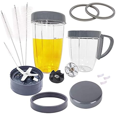 Replacement Parts for NutriBullet, 2 Cups, Extractor Blade, 2 Resealable Lids, 2 Gasket, 2 Gear, 3 Shock Pads, Lid Ring, Lid Ring with Handle & Cleaner Brush for Nutribullet 900W/600W (15-Piece) Cover