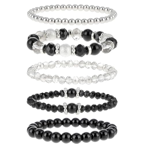 DIVINA VITAE 5 Pcs Beaded Stretch Bracelets Stackable Bracelets Crystal Bead Bracelet Boho Beaded Bracelets Stretch Layering Crystal Stone Beaded Bracelets Trendy Costume Jewelry Gifts for Women