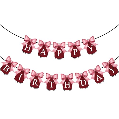 Mindsoft Burgundy Happy Birthday Banner Burgundy Birthday Party Decorations Drinks Cola Hanging Bunting Sign Garland for Party Backdrop Supplies Wall Decor (Bow)