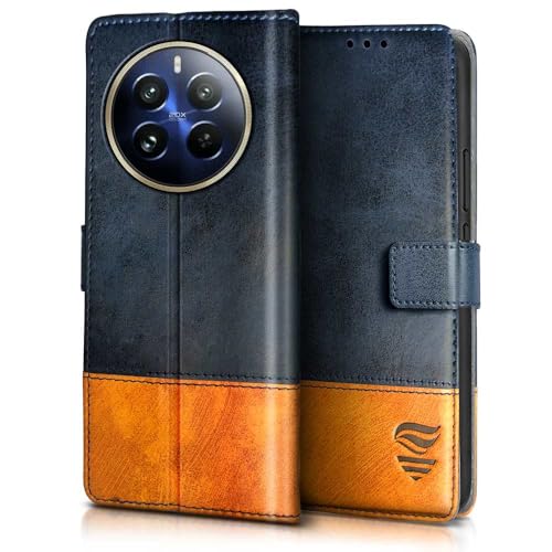 Image of Flipped Vegan Leather Flip Case Back Cover for Realme 12 Pro 5G | Realme 12 Pro Plus 5G (Flexible, Shock Proof | Hand Stitched Finish | Card Pockets Wallet & Stand | Irish Blue with Tanned Oak)