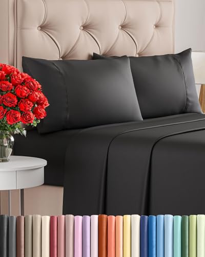 Image of Twin 4 Piece Bed Sheet Set - Comfy, Breathable & Cooling Sheets - Black | Ultra Soft Hotel Luxury Bedding Set with 8-16 Inch Deep Pockets, 1 Flat & 1 Fitted Sheet & 2 Pillowcases, Wrinkle & Fade Free