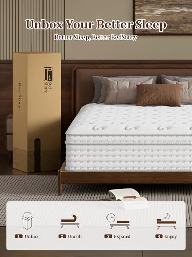 Image of BedStory Medium Firm Queen Mattress 14 Inch, Hybrid Queen Size Mattress in a Box, Back Pain Relief, Luxury Pocket Spring Mattress, Fiberglass-Free, 365-Night-Trial, 10 Year Warranty