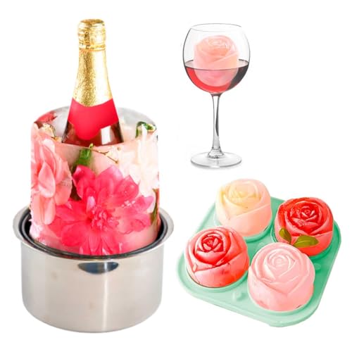MANA SOUL Ice Bucket for Freezer - Wine Ice Bucket with 3D Rose Ice Molds, Champagne Ice Mold, Ice Mold Wine Bottle Chiller, Elegant Design for Home or Events