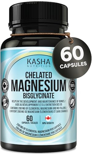 KASHA Nutrition Chelated Magnesium Bisglycinate / Glycinate - 200 mg of Elemental Magnesium | Proudly Canadian | Non-GMO, Vegan, Soy Free | Non-Habit Forming - Maintains Effectiveness over Long-Term. Appropriate for Daily Use. Vegetarian. (60 Count)