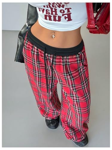 SHENHE Women's Wide Leg Baggy Plaid Pants Y2k Drawstring Low Rise Loose Lounge Trousers4