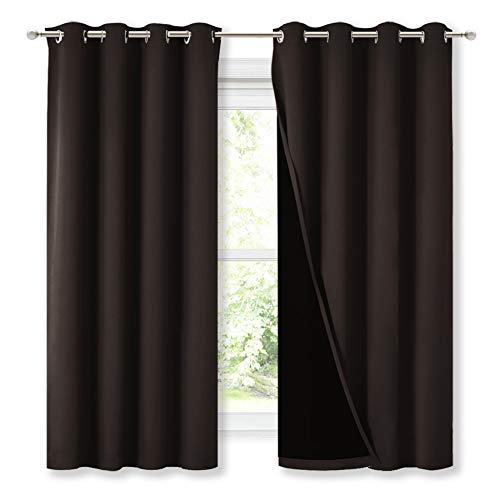 Image of NICETOWN Complete 100% Blackout Curtains, Thermal Insulated & Energy Efficiency Window Draperies with Black Liner, Noise Reducing Short Curtains for Kids Room (Brown, 52-inch W by 63-inch L, 2 Panels)