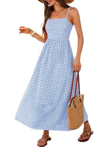Image of Caracilia Womens Maxi Dresses Gingham Spaghetti Strap Back Smocked Flowy Long Sundress Summer Beach Vacation Clothes 2026
