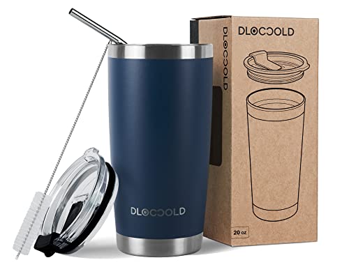 DLOCCOLD 20oz Tumbler Double Wall Stainless Steel Vacuum Insulated Coffee Travel Mug with Lid and Straw (Navy Blue, 20oz)