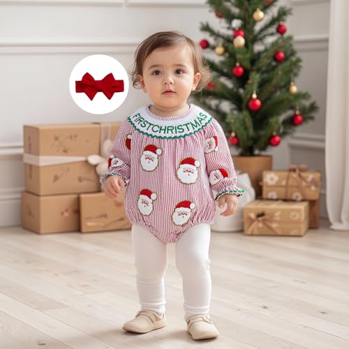 My First Christmas Baby Girl Outfit Santa Cute Claus Long Sleeve Crew Neck Striped Newborn Romper With Headband4