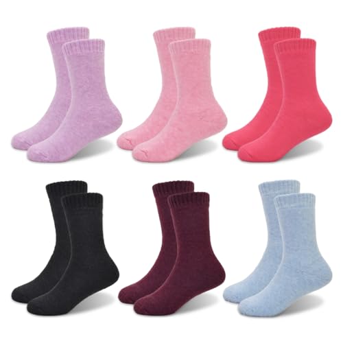 GENTABY Girls Thermal Socks Boys Kids Warm Winter Socks Toddler Cosy Pink Purple Black Socks Ideal for Winter Activities Boots Socks 6 Pairs 3-5 Years