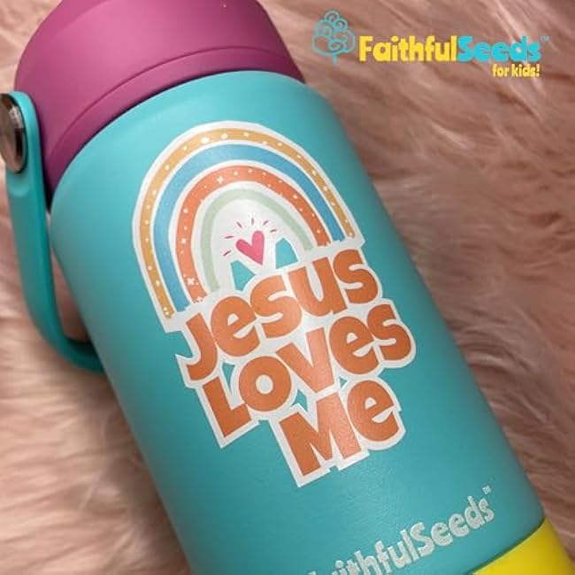 12oz Water Bottle Christian Kid Insulated Stainless Steel Water Bottle for Girls Boys, Leak-proof Water Bottle with Straw Lids (Jesus Loves Me)
