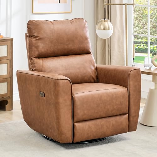 Image of GarveeHome Power Recliner Chair, 270 Swivel Rocking Glider with USB Charging Port, PU Leather Upholstered Fabric, Ergonomic Modern Nursery Chair for Living Room, Bedroom, Nursery (Brown)