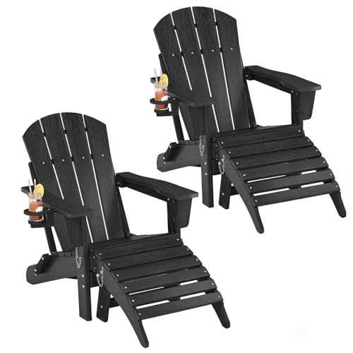 Folding Adirondack Chair Set of 4 with Ottoman, All-Weather HDPE Outdoor Chair, Wooden Textured with Cup Holder for patios, Decks, Gardens, fire pits,