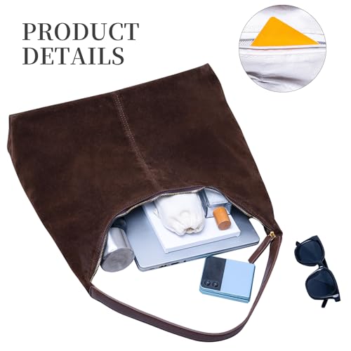 Image of Larcenciel Brown Suede Leather Hobo Shoulder Bag, Trendy Slouchy Tote Handbag Crescent Purse for Women Everyday Work Casual