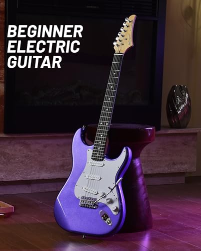 Image of Leo Jaymz Beginner Electric Guitar 39 inch Kit with Portable Amplifier, Padded Gig Bag, Digital Tuner，Capo，Strap，Picks，Classic SSS Pickups(Purple-SSS)