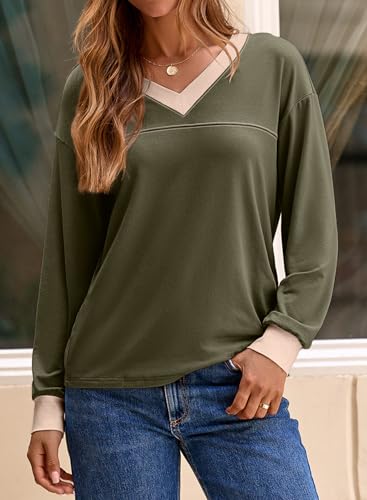 Dokotoo Womens Long Sleeve Shirts Casual V Neck Oversized Shirts Basic Tees Fall Clothes Fashion Outfits 2025