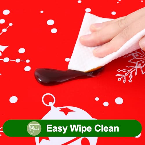 Image of Smiry Christmas Table Cloth, Flannel Backed Vinyl Tablecloth, 60 inchx120 inch | Waterproof Bell & Snowflake Plastic Tablecloths, Wipeable Table Cover for Christmas Table Decorations (White & Red)