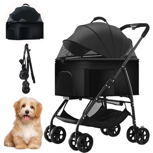 Siairo Hundewagen 3 in 1, Faltbarer Hundebuggy bis 20kg, Haustiere Buggy, Klappbare Haustierwagen mit einem Klick für mittlere Hunde Katzen, Haustiere Transportbox, 360° Drehbare Gummireifen