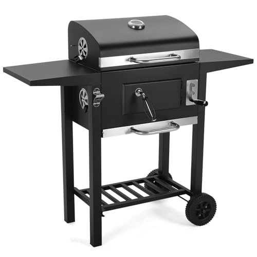 DKIEI BBQ Grill, Large Barbecue Grill Outdoor with Side Table & Air Vents, Portable Charcoal BBQ Grill with Lifting Charcoal Tray, Warming Rack, Temperature Gauge, Outdoor Smoker for Camping Garden