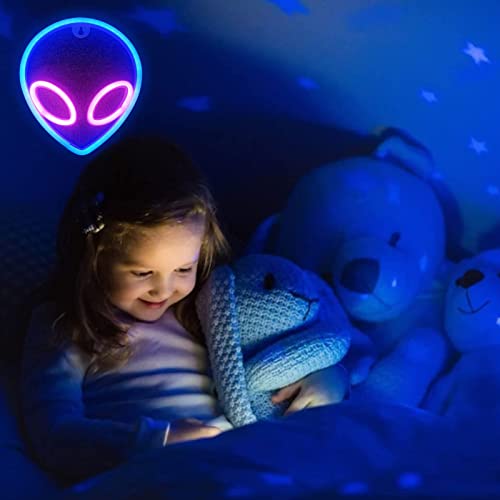 Image of YouOKLight neon signs for wall decor. alien neon lights signs,led neon signs wall mount USB or battery powered with On /off Switch,light up for home,kids room,children's day,pink inside,blue outside.