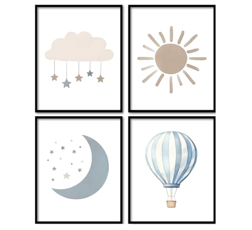 Image of Foedor Boho Nursery Wall Art Prints Set of 4, Girl Boy Decor, Sun Moon Stars Cloud Air Balloon Wall Decor Posters for Classroom Toddler Kids Room Playroom, 8x10 Unframed