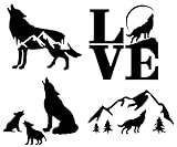 Wolf Decal 4 Pack: Wolf Mountain Silhouette, Wolf and Cubs, Wolf Howling, Mountain Wolf (Black, Small ~3.5')