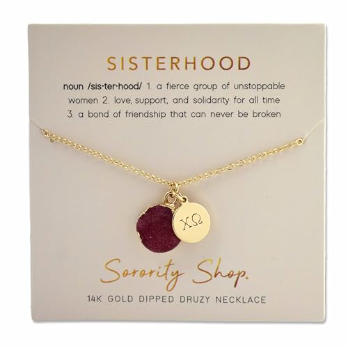 Sorority Shop CO Necklace - Chi Omega Red Druzy Gemstone Necklace With Engraved Pendant – 14K Gold Dipped Jewelry with Red Gemstone – Sorority Gift, Charm Paraphernalia3