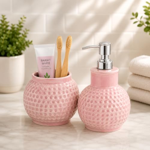 Image of Hand-Painted Ceramic Bathroom Accessories Set of 2 | 300ml Liquid Soap Dispenser & Toothbrush Holder | Rust-Proof Bathroom Organizer for Home & Wash Basin Decor | Pink Ball