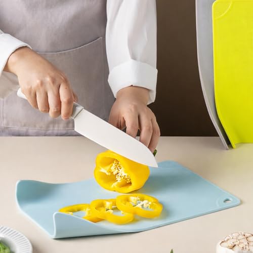 Image of Yelona Plastic Chopping Board Set of 3 with Curved Pour Edges | Food Grade, BPA-Free, Cutting Boards | Anti-Slip Durable Kitchen Boards for Vegetables & Fruits - Multicolour
