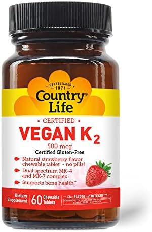 Country Life Certified Chewable Vegan K2, Supports Bone Health, 500mcg, 60 Chewable Tablets, Certified Gluten Free, Certified Vegan